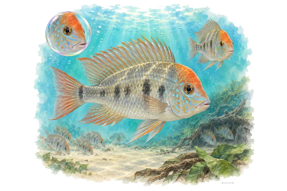 Aquarelle : Géophage à bosse rouge (Geophagus steindachneri) dans une eau turquoise lumineuse, avec une vue de trois quarts et un détail dans une bulle.