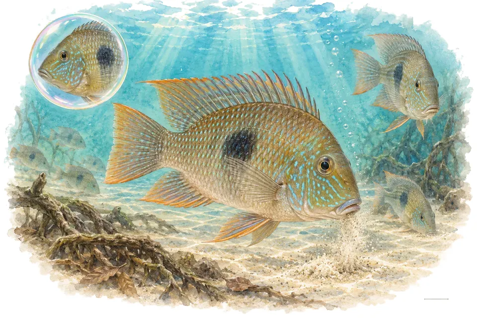 Aquarelle : Géophage du Suriname (Geophagus surinamensis) dans une eau turquoise lumineuse, avec une vue de trois quarts et un détail dans une bulle.