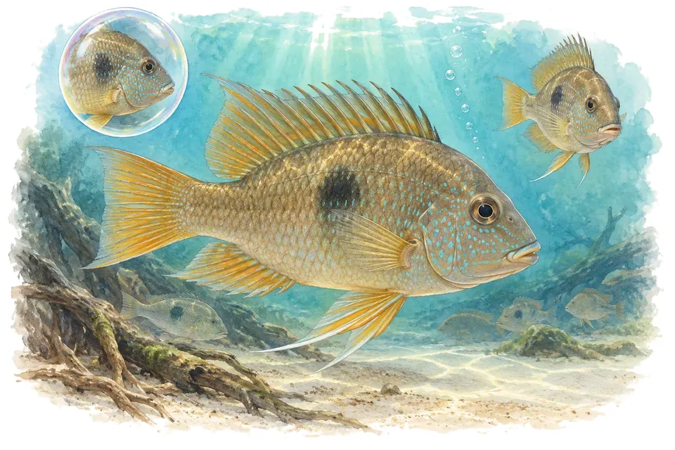 Aquarelle : Géophage de Winemiller (Geophagus winemilleri) dans une eau turquoise lumineuse, avec une vue de trois quarts et un détail dans une bulle.