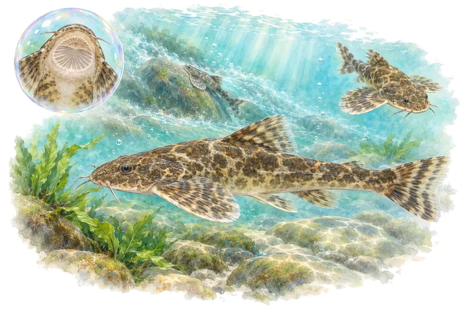 Aquarelle : Glyptothorax telchitta (Glyptothorax telchitta) dans une eau turquoise lumineuse, avec une vue de trois quarts et un détail dans une bulle.