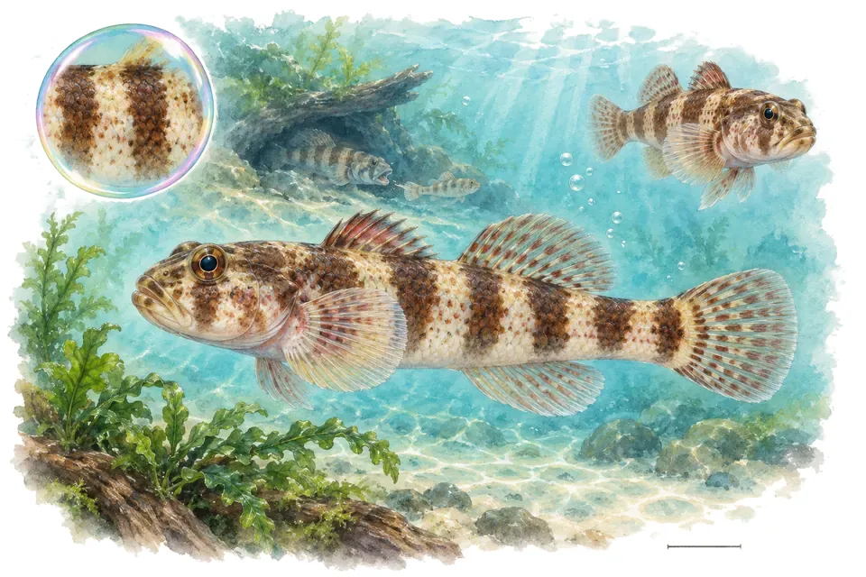 Aquarelle : Gobie à bandes (Rhinogobius zhoui) dans une eau turquoise lumineuse, avec une vue de trois quarts et un détail dans une bulle.