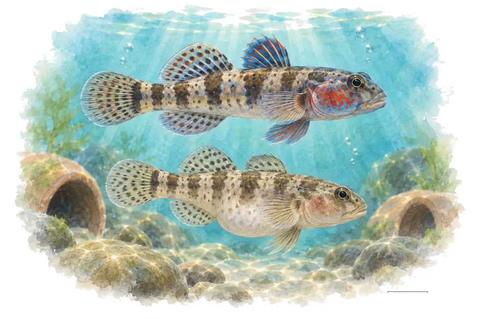 Aquarelle : Gobie à joues rouges, mâle et femelle l'un au-dessus de l'autre dans une eau turquoise.