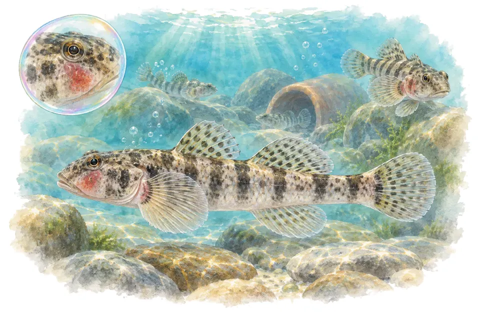 Aquarelle : Gobie à joues rouges (Rhinogobius duospilus) dans une eau turquoise lumineuse, avec une vue de trois quarts et un détail dans une bulle.