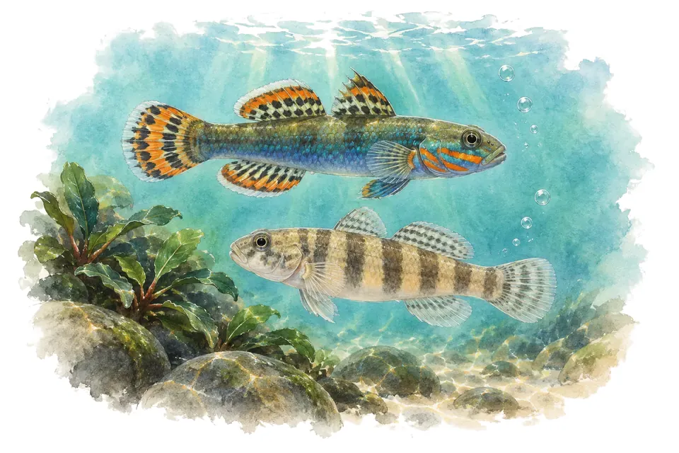 Aquarelle : Gobie à motifs, mâle et femelle l'un au-dessus de l'autre dans une eau turquoise.