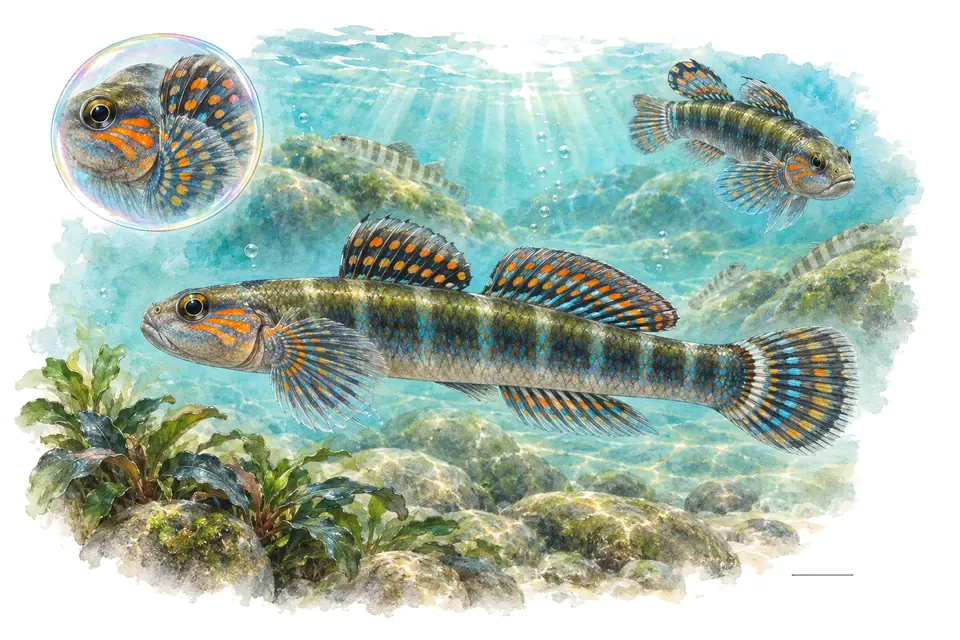 Aquarelle : Gobie à motifs (Stiphodon ornatus) dans une eau turquoise lumineuse, avec une vue de trois quarts et un détail dans une bulle.