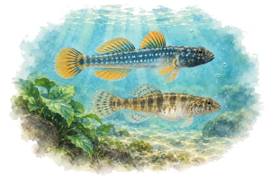 Aquarelle : Gobie à points, mâle et femelle l'un au-dessus de l'autre dans une eau turquoise.