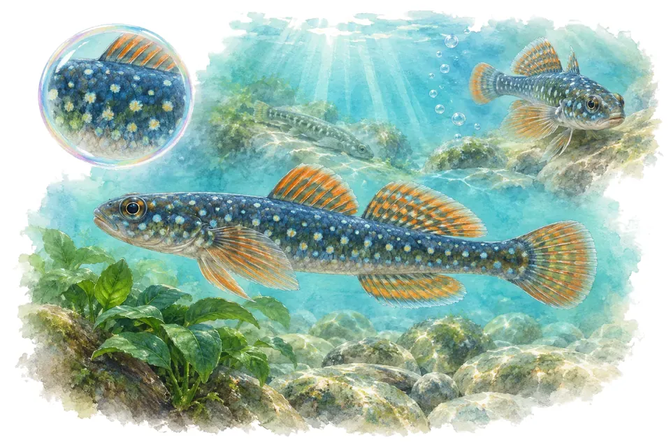 Aquarelle : Gobie à points (Stiphodon percnopterygionus) dans une eau turquoise lumineuse, avec une vue de trois quarts et un détail dans une bulle.