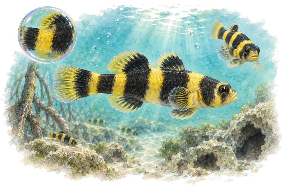 Aquarelle : Gobie abeille (Brachygobius doriae) dans une eau turquoise lumineuse, avec une vue de trois quarts et un détail dans une bulle.