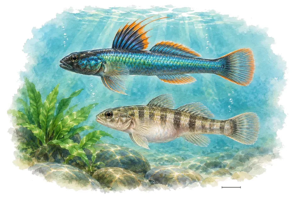 Aquarelle : Gobie arc-en-ciel, mâle et femelle l'un au-dessus de l'autre dans une eau turquoise.