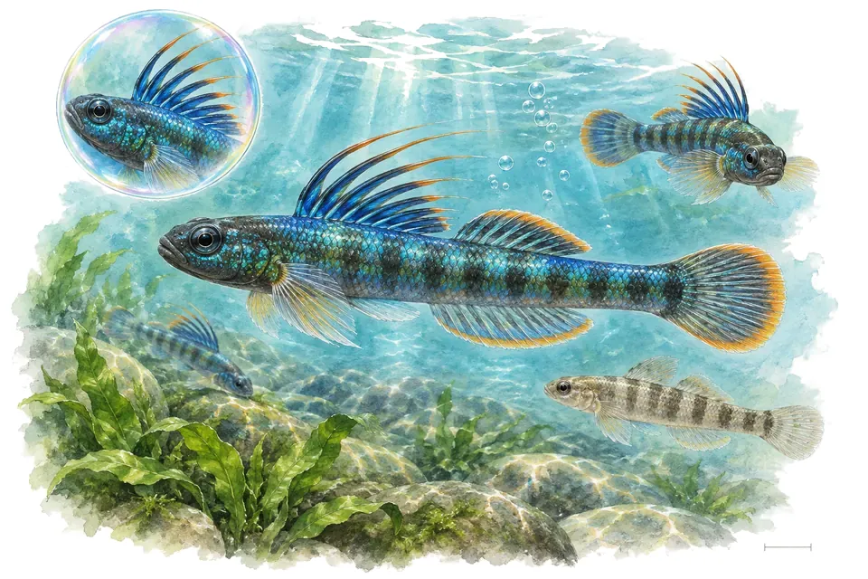 Aquarelle : Gobie arc-en-ciel (Stiphodon atropurpureus) dans une eau turquoise lumineuse, avec une vue de trois quarts et un détail dans une bulle.