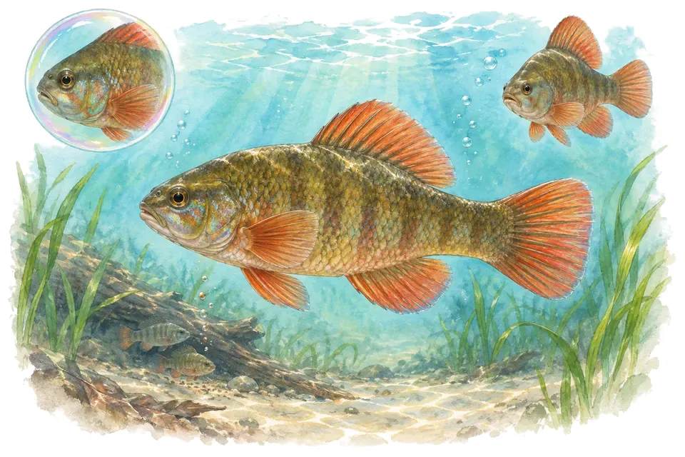 Aquarelle : Gobie australien (Hypseleotris compressa) dans une eau turquoise lumineuse, avec une vue de trois quarts et un détail dans une bulle.