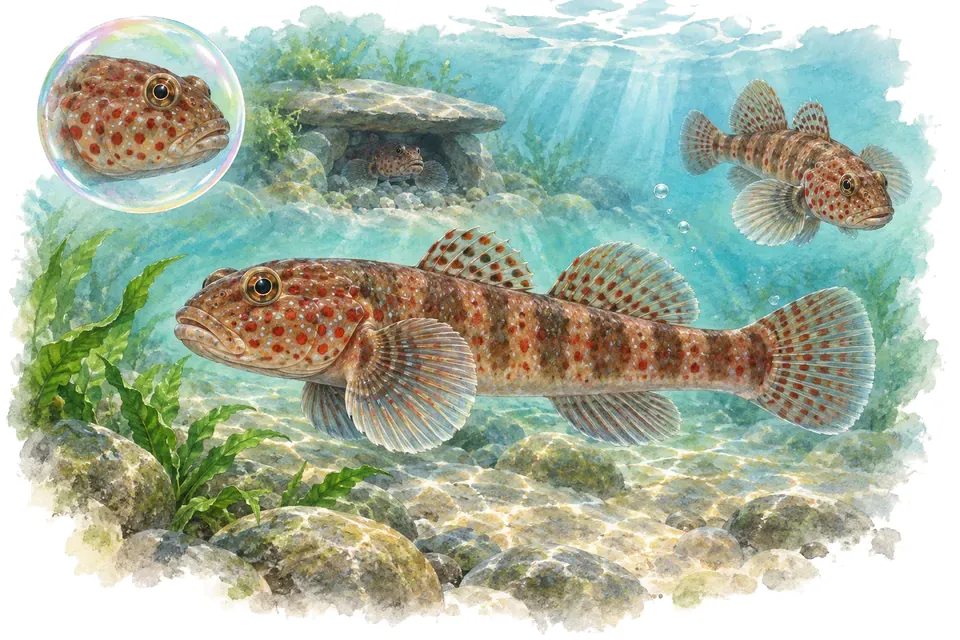 Aquarelle : Gobie de Bornéo (Rhinogobius rubromaculatus) dans une eau turquoise lumineuse, avec une vue de trois quarts et un détail dans une bulle.