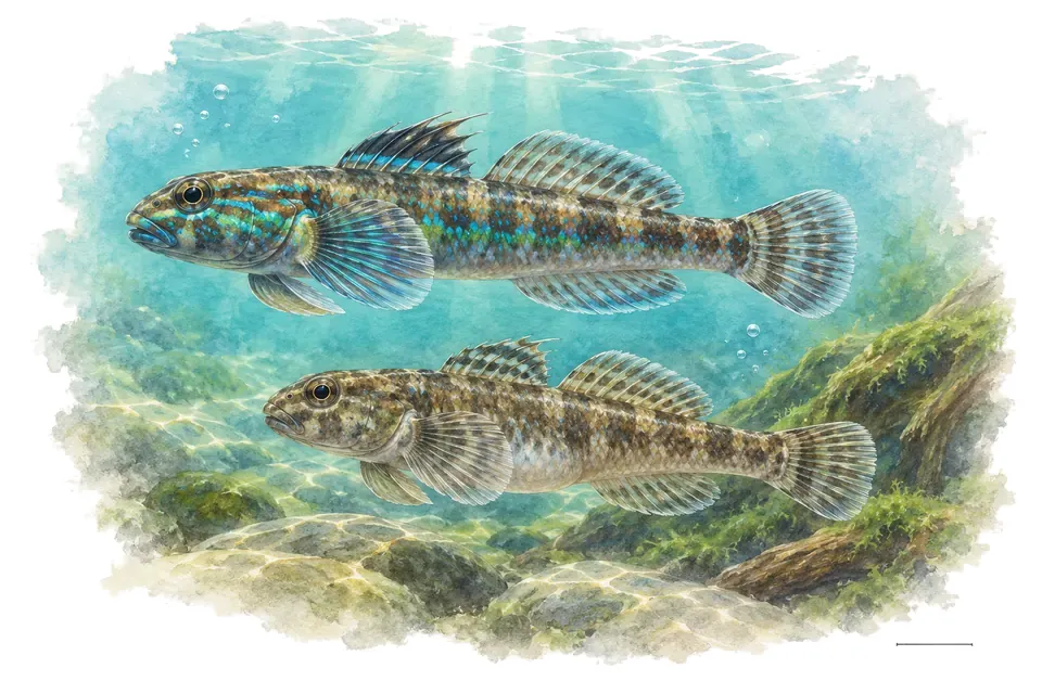 Aquarelle : Gobie de semoni, mâle et femelle l'un au-dessus de l'autre dans une eau turquoise.