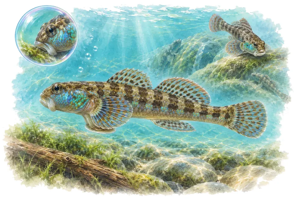 Aquarelle : Gobie de semoni (Stiphodon semoni) dans une eau turquoise lumineuse, avec une vue de trois quarts et un détail dans une bulle.