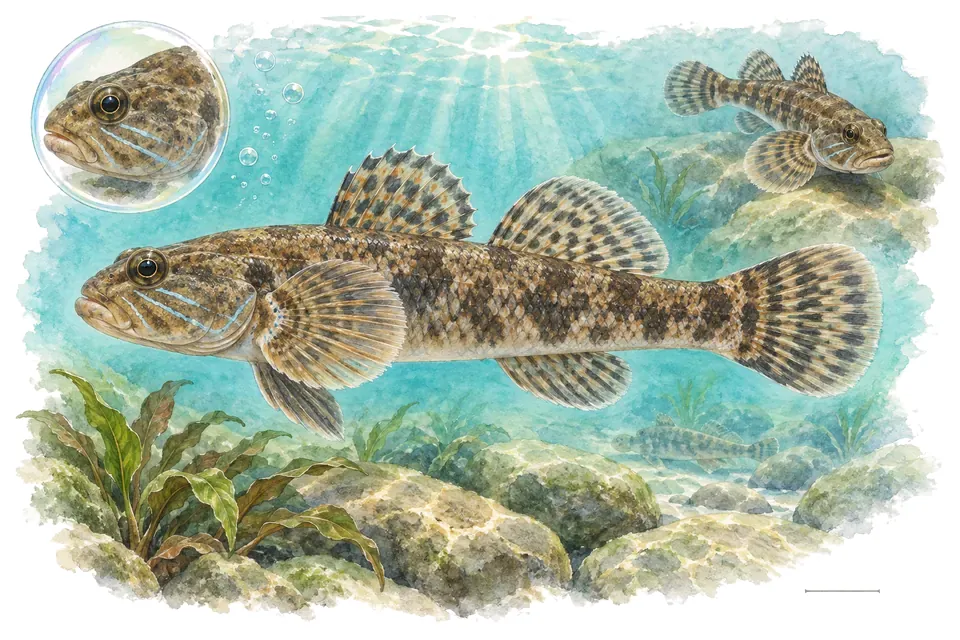Aquarelle : Gobie de Taïwan (Rhinogobius formosanus) dans une eau turquoise lumineuse, avec une vue de trois quarts et un détail dans une bulle.