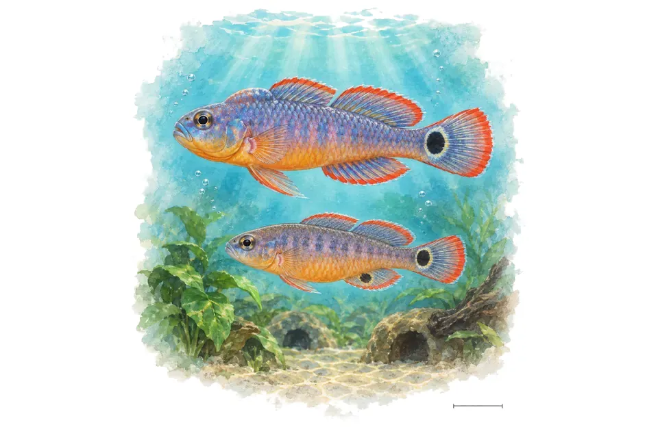 Aquarelle : Gobie paon, mâle et femelle l'un au-dessus de l'autre dans une eau turquoise.