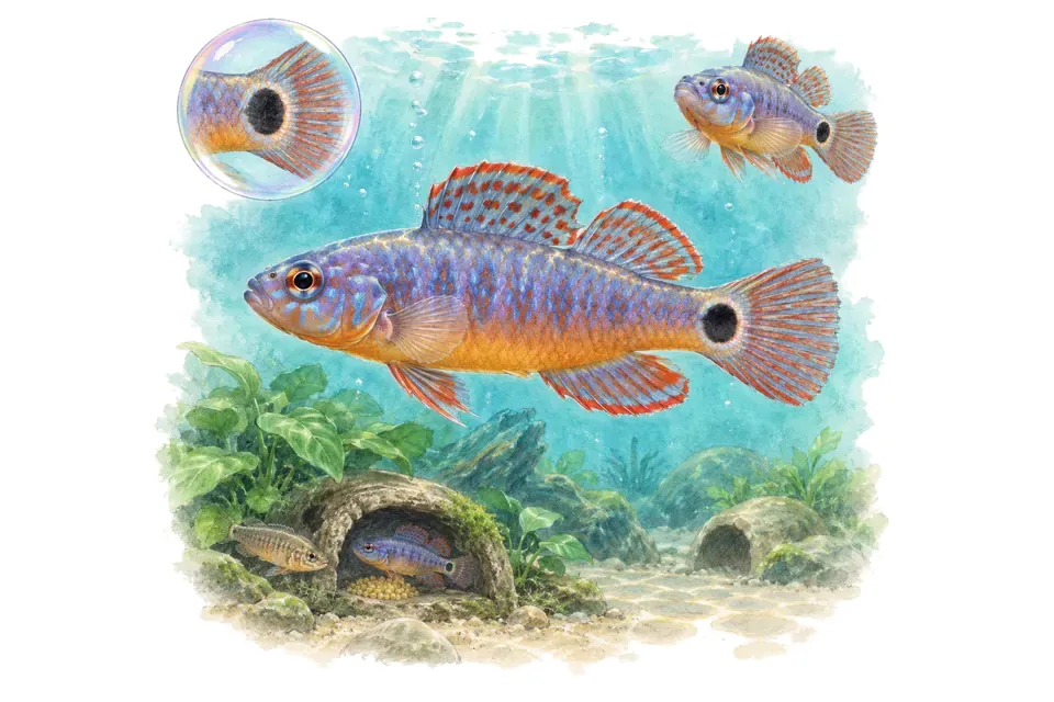 Aquarelle : Gobie paon (Tateurndina ocellicauda) dans une eau turquoise lumineuse, avec une vue de trois quarts et un détail dans une bulle.