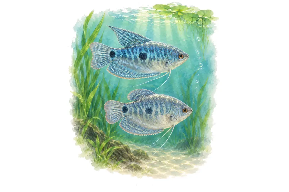 Aquarelle : Gourami bleu, mâle et femelle l'un au-dessus de l'autre dans une eau turquoise.