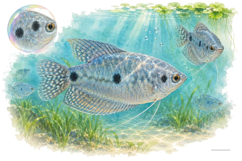Aquarelle : Gourami bleu (Trichopodus trichopterus) dans une eau turquoise lumineuse, avec une vue de trois quarts et un détail dans une bulle.