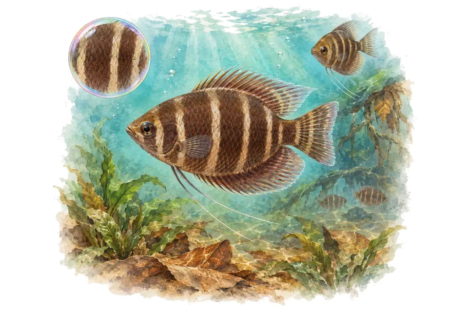 Aquarelle : Gourami chocolat (Sphaerichthys osphromenoides) dans une eau turquoise lumineuse, avec une vue de trois quarts et un détail dans une bulle.