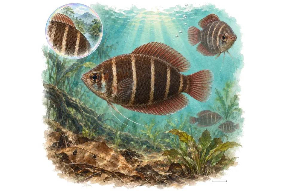 Aquarelle : Gourami chocolat de Selatan (Sphaerichthys selatanensis) dans une eau turquoise lumineuse, avec une vue de trois quarts et un détail dans une bulle.