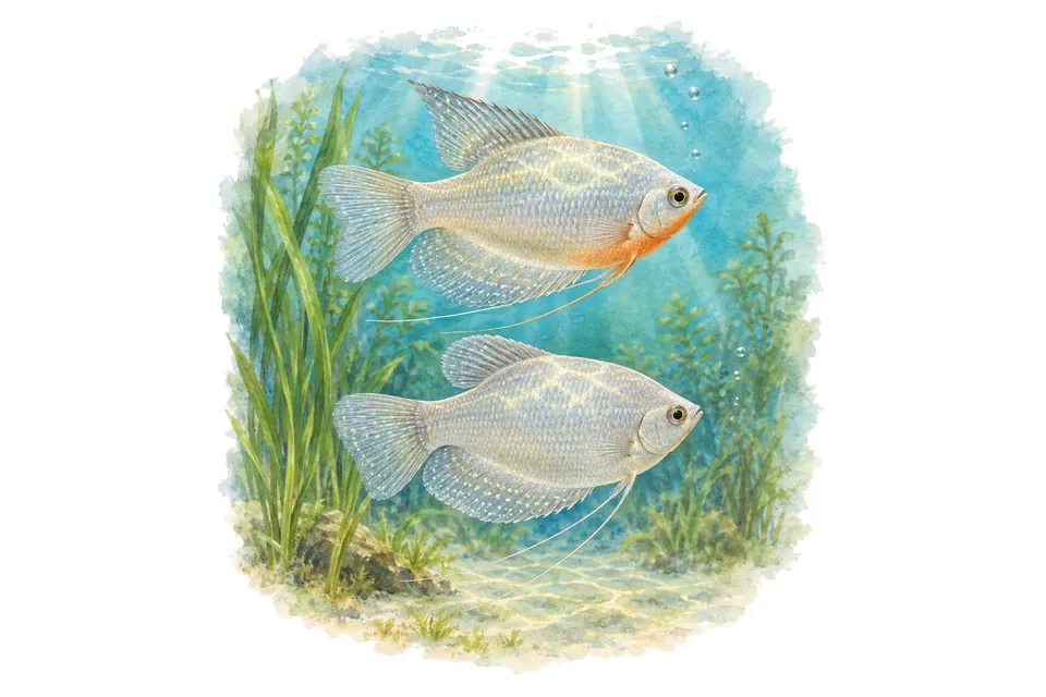 Aquarelle : Gourami clair de lune, mâle et femelle l'un au-dessus de l'autre dans une eau turquoise.