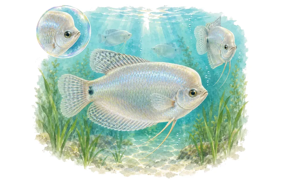 Aquarelle : Gourami clair de lune (Trichopodus microlepis) dans une eau turquoise lumineuse, avec une vue de trois quarts et un détail dans une bulle.