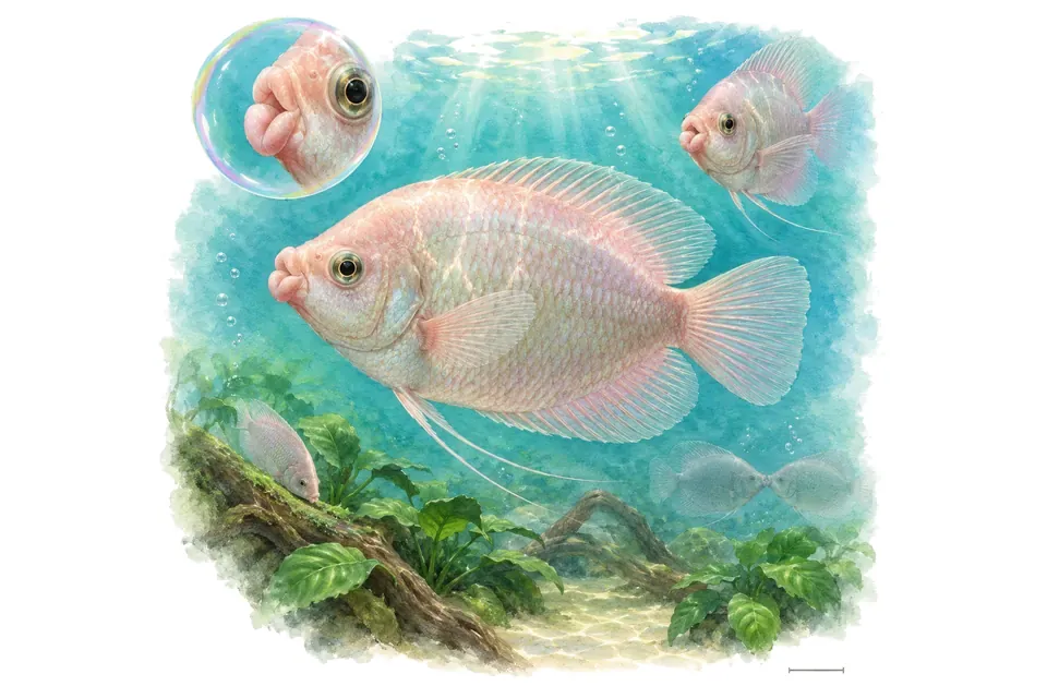 Aquarelle : Gourami embrasseur (Helostoma temminkii) dans une eau turquoise lumineuse, avec une vue de trois quarts et un détail dans une bulle.