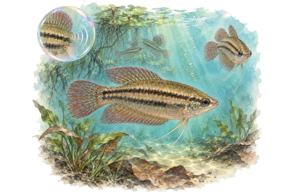 Aquarelle : Gourami grogneur (Trichopsis vittata) dans une eau turquoise lumineuse, avec une vue de trois quarts et un détail dans une bulle.