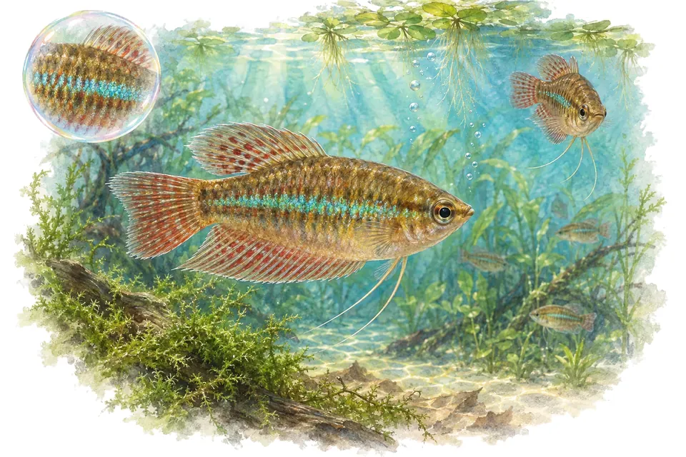 Aquarelle : Gourami grogneur nain (Trichopsis pumila) dans une eau turquoise lumineuse, avec une vue de trois quarts et un détail dans une bulle.