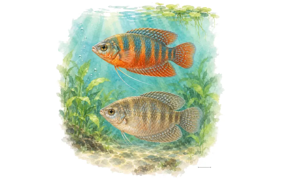 Aquarelle : Gourami lèvres épaisses, mâle et femelle l'un au-dessus de l'autre dans une eau turquoise.