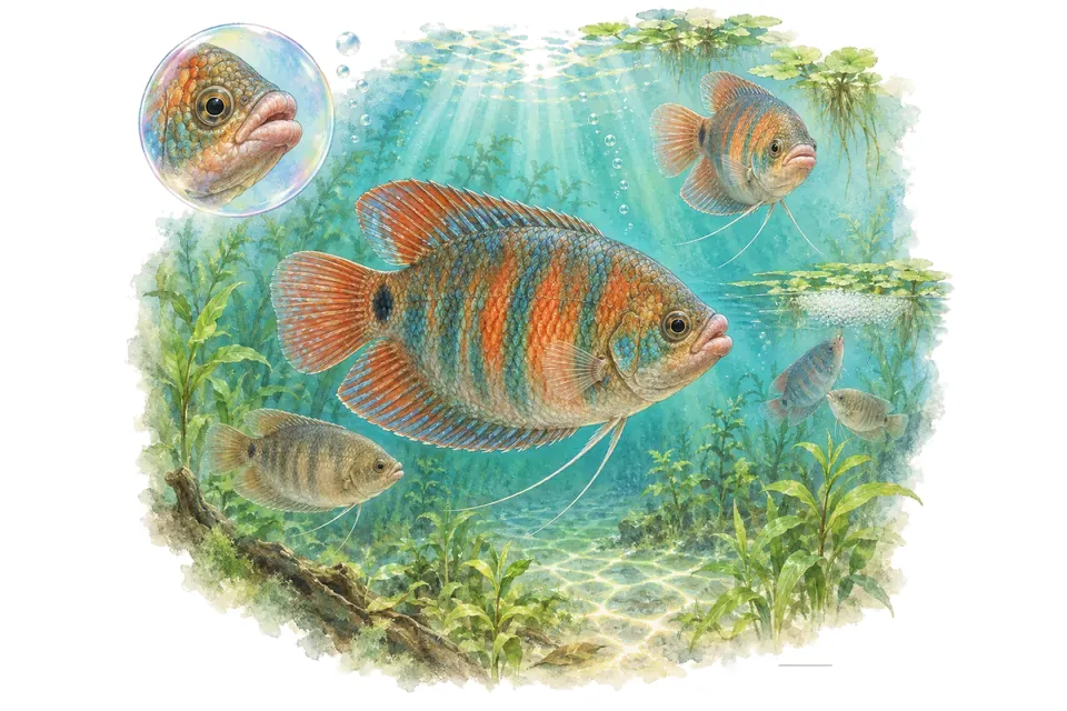 Aquarelle : Gourami lèvres épaisses (Trichogaster labiosa) dans une eau turquoise lumineuse, avec une vue de trois quarts et un détail dans une bulle.