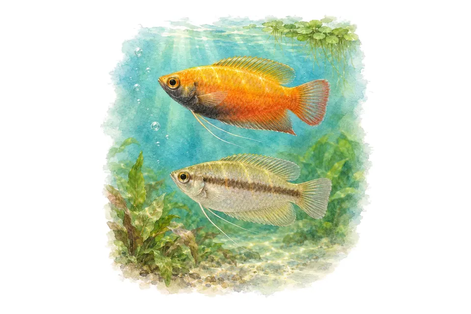 Aquarelle : Gourami miel, mâle et femelle l'un au-dessus de l'autre dans une eau turquoise.