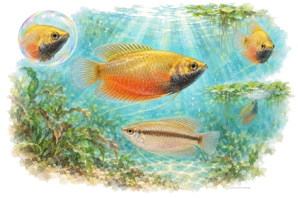 Aquarelle : Gourami miel (Trichogaster chuna) dans une eau turquoise lumineuse, avec une vue de trois quarts et un détail dans une bulle.
