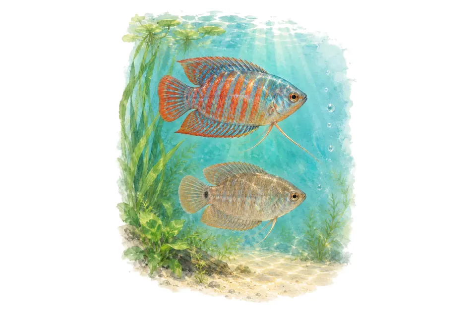 Aquarelle : Gourami nain, mâle et femelle l'un au-dessus de l'autre dans une eau turquoise.