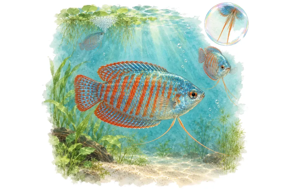 Aquarelle : Gourami nain (Trichogaster lalius) dans une eau turquoise lumineuse, avec une vue de trois quarts et un détail dans une bulle.