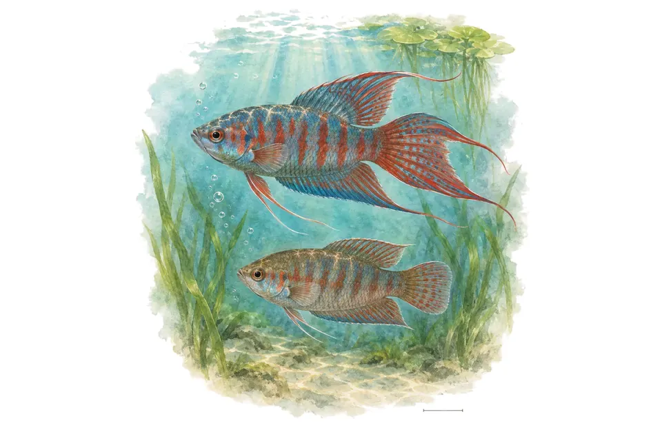 Aquarelle : Gourami paradis, mâle et femelle l'un au-dessus de l'autre dans une eau turquoise.