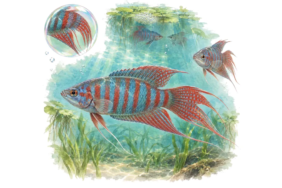 Aquarelle : Gourami paradis (Macropodus opercularis) dans une eau turquoise lumineuse, avec une vue de trois quarts et un détail dans une bulle.