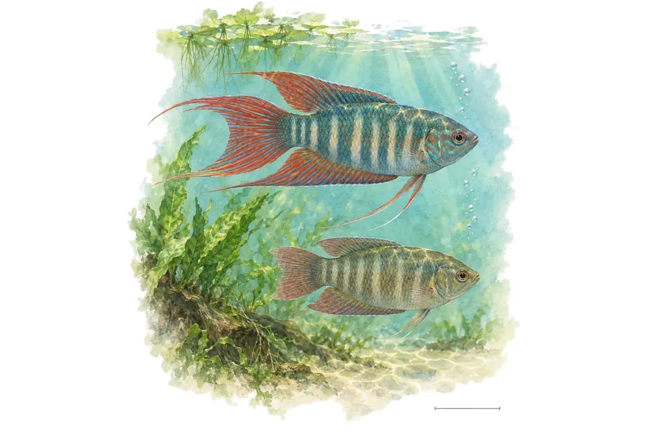 Aquarelle : Gourami paradis à nageoires rouges, mâle et femelle l'un au-dessus de l'autre dans une eau turquoise.