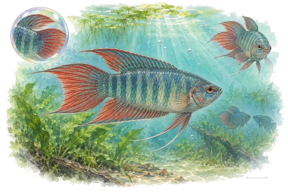 Aquarelle : Gourami paradis à nageoires rouges (Macropodus erythropterus) dans une eau turquoise lumineuse, avec une vue de trois quarts et un détail dans une bulle.