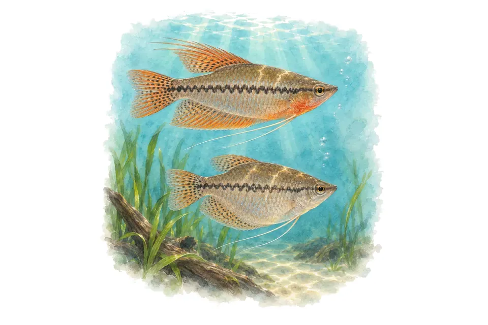 Aquarelle : Gourami peau de serpent, mâle et femelle l'un au-dessus de l'autre dans une eau turquoise.