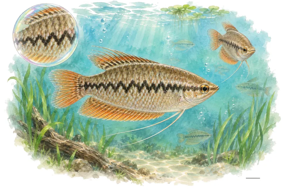 Aquarelle : Gourami peau de serpent (Trichopodus pectoralis) dans une eau turquoise lumineuse, avec une vue de trois quarts et un détail dans une bulle.
