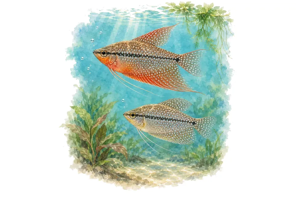 Aquarelle : Gourami perlé, mâle et femelle l'un au-dessus de l'autre dans une eau turquoise.