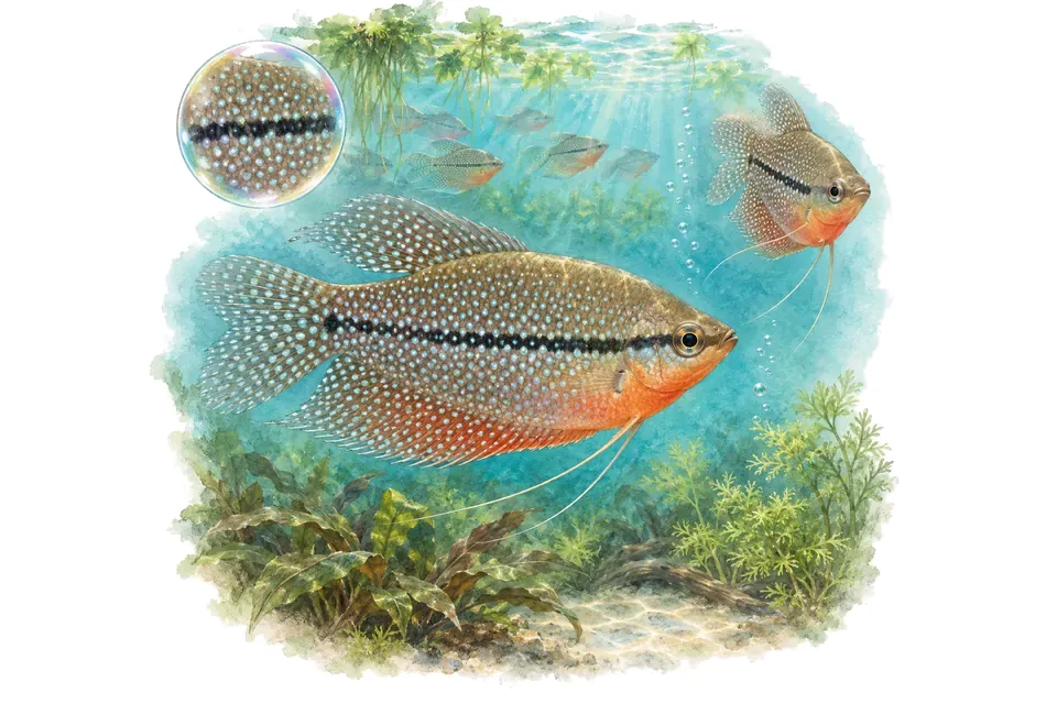 Aquarelle : Gourami perlé (Trichopodus leerii) dans une eau turquoise lumineuse, avec une vue de trois quarts et un détail dans une bulle.