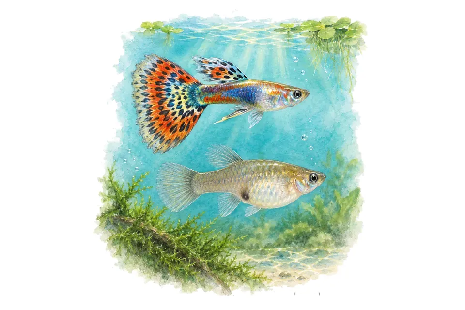 Aquarelle : Guppy, mâle et femelle l'un au-dessus de l'autre dans une eau turquoise.
