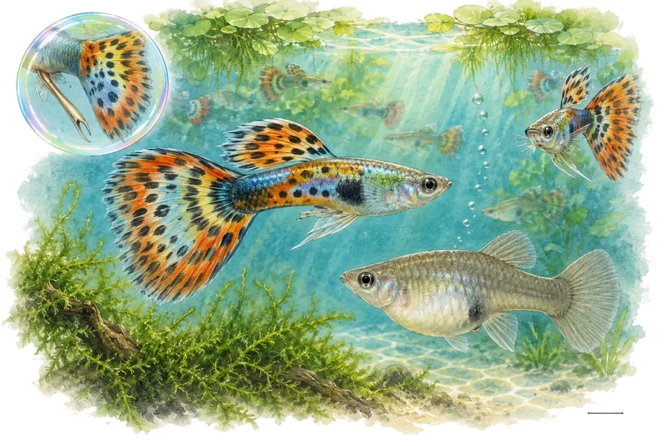 Aquarelle : Guppy (Poecilia reticulata) dans une eau turquoise lumineuse, avec une vue de trois quarts et un détail dans une bulle.