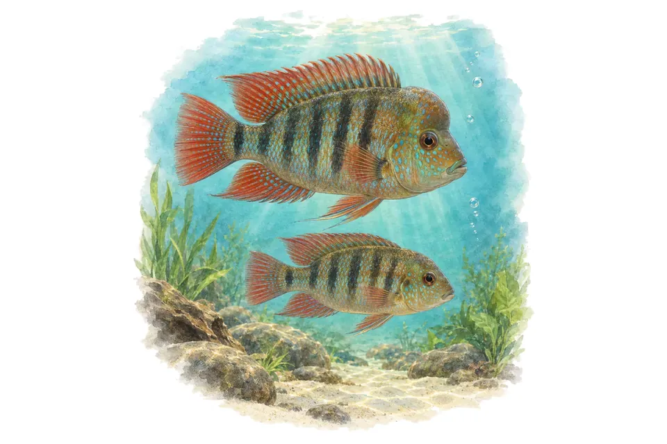 Aquarelle : Gymnogéophage de Balzani, mâle et femelle l'un au-dessus de l'autre dans une eau turquoise.