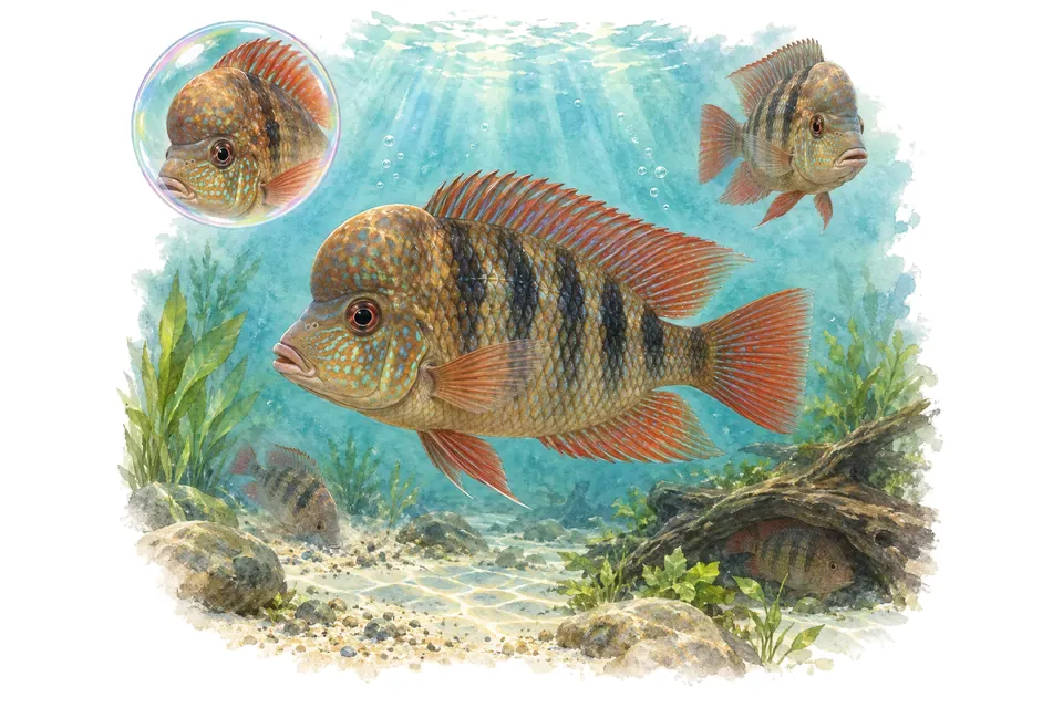 Aquarelle : Gymnogéophage de Balzani (Gymnogeophagus balzanii) dans une eau turquoise lumineuse, avec une vue de trois quarts et un détail dans une bulle.