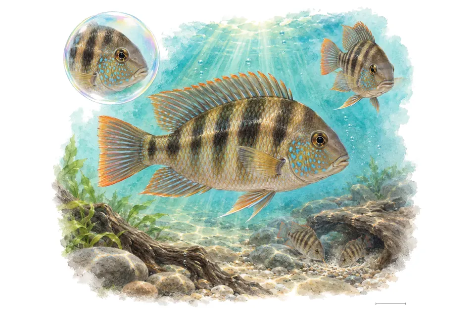 Aquarelle : Gymnogéophage (Gymnogeophagus gymnogenys) dans une eau turquoise lumineuse, avec une vue de trois quarts et un détail dans une bulle.