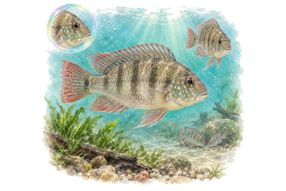 Aquarelle : Gymnogéophage méridional (Gymnogeophagus meridionalis) dans une eau turquoise lumineuse, avec une vue de trois quarts et un détail dans une bulle.